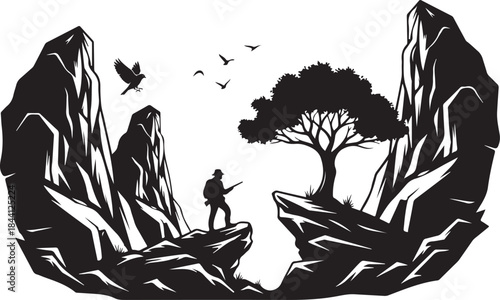 A bold silhouette illustration of hunter standing on a cliff in a rugged mountain landscape 
