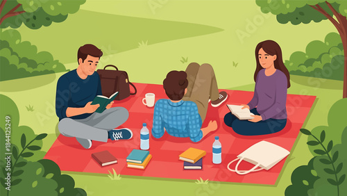 Group of young people reading books on a picnic blanket outdoors
