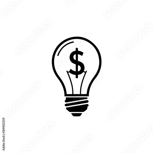 A black and white icon illustration of a light bulb containing a dollar sign inside, representing a profitable idea or business concept. isolated on transparent background