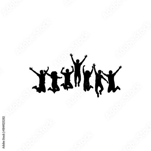 Dynamic silhouettes of a group of people jumping high in the air in celebration and happiness isolated on transparent background