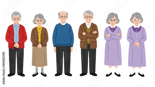 Illustration of a diverse group of senior people standing isolated on transparent background