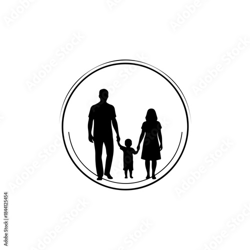 Simple black and white silhouette illustration of a nuclear family walking hand-in-hand, enclosed within a circular frame isolated on transparent background