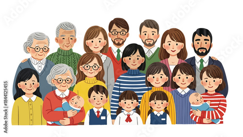 Illustration of a multigenerational Asian family standing together with babies in arms