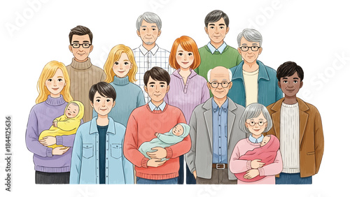 Multigenerational family portrait illustration with babies grandparents parents children and diverse ethnicities