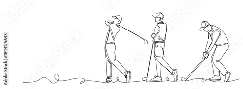 Continuous line drawing of a male golfer finishing his swing after hitting a golf ball, wearing a cap and shirt, in minimalist line art style on white background