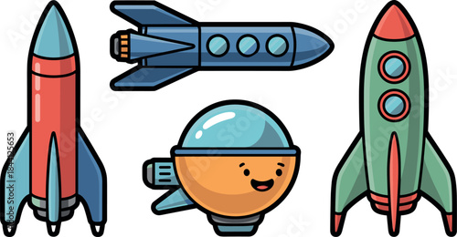 Cute cartoon rocket and spaceship illustration set featuring colorful space rockets and smiling astronaut character in playful vector style
