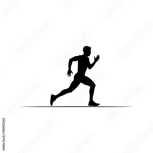 Dynamic black silhouette of a male athlete sprinting or running vigorously against a plain white background isolated on transparent background