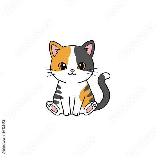 A cute cartoon illustration of a sitting calico kitten with large innocent eyes and colorful patches on a white background isolated on transparent background