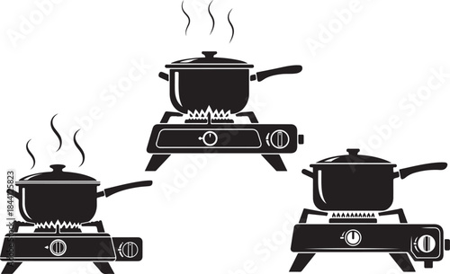A vector illustration depicting three instances of a pot boiling on portable gas stove 
