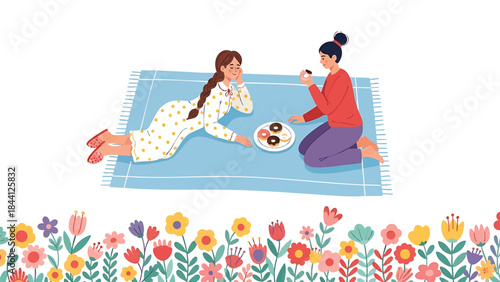 Two women having picnic with donuts and colorful flowers illustration vector