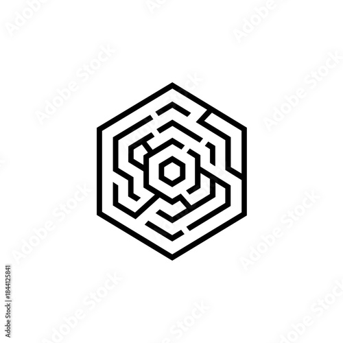 Intricate black and white hexagonal maze puzzle design for solving challenges isolated on transparent background