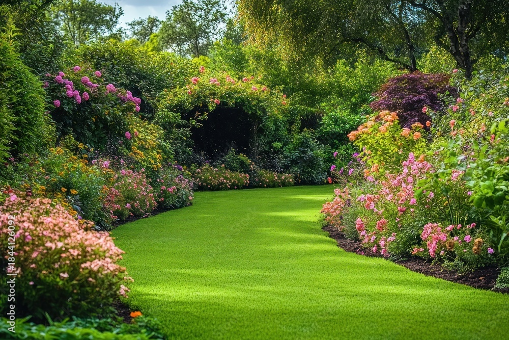 Fototapeta premium winding sunlit garden path with manicured green lawn, lush flowering bushes, arching foliage and tranquil, inviting atmosphere