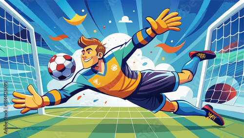 Dynamic Soccer Goalkeeper, Diving Save, Cartoon Football Player, Sports Vector Illustration