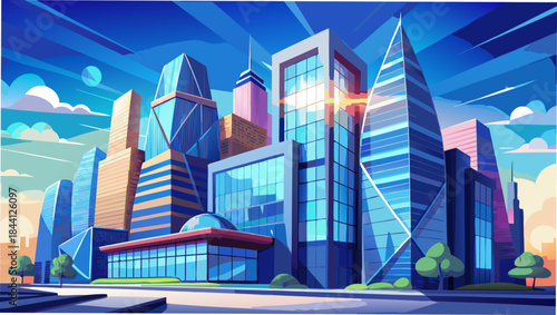 Futuristic cityscape, modern skyscrapers, urban landscape, blue buildings