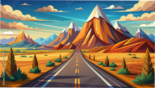 Desert highway, mountain landscape, vector illustration, scenic road, travel background