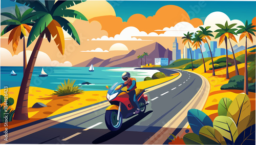 Motorcycle, road, tropical, landscape, palm trees, sunny day, vector illustration