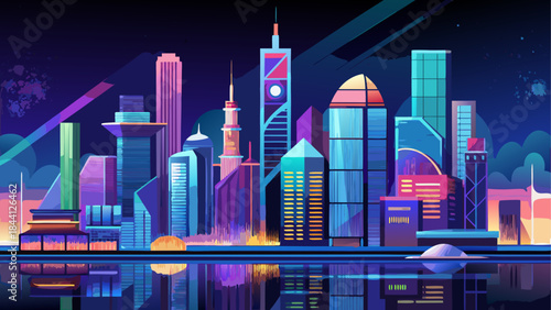 Neon Cityscape, Urban Skyline, Nighttime Metropolis, Vector City Illustration