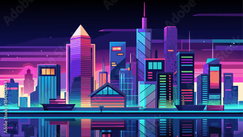 Neon cityscape, futuristic skyline, purple pink blue, vector illustration, urban landscape, city at night