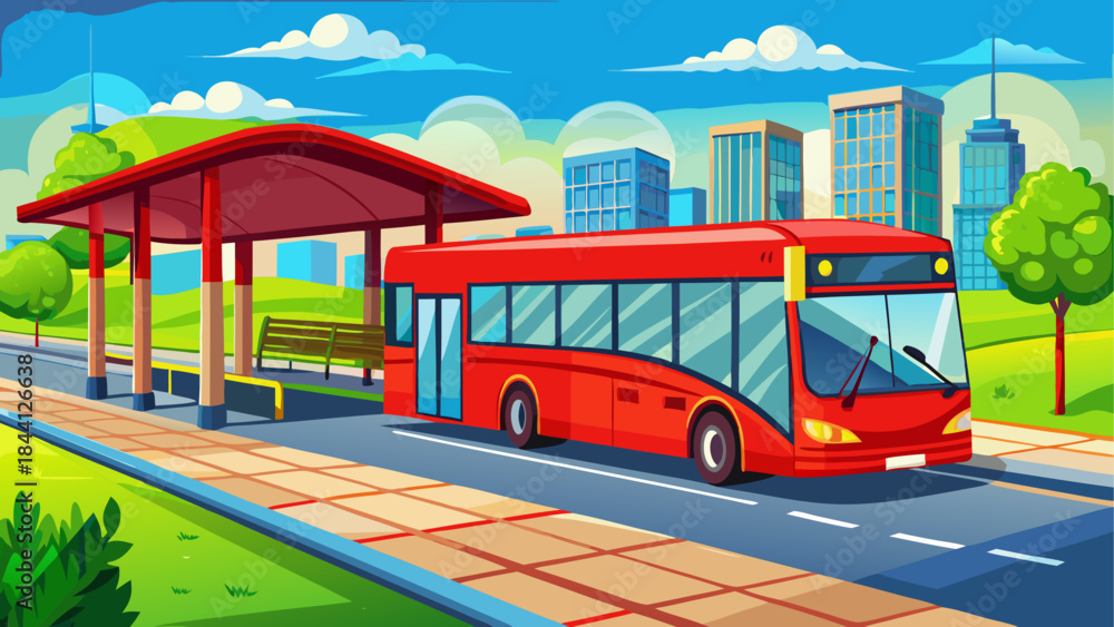 Fototapeta premium Red city bus, urban transportation, vector illustration, bus stop, cityscape background