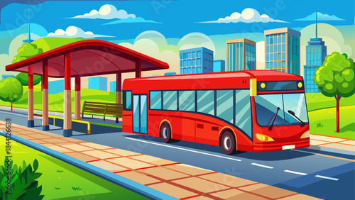 Red city bus, urban transportation, vector illustration, bus stop, cityscape background