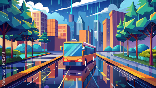 Rainy cityscape, urban landscape, vector illustration, transportation scene