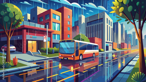 City street, urban landscape, vector illustration, modern buildings, orange bus