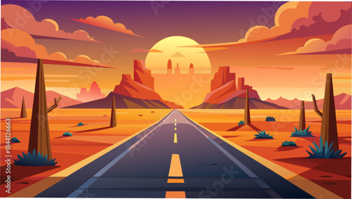 Desert road, sunset landscape, vector illustration, travel background