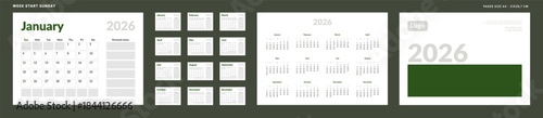 2026 Calendar Planner Set of Template grid Monthly Page with Note, Cover with Place for Photo, Company Logo, Annual. Vector layout of wall or desk organizer with week start Sunday ready print. Page A4