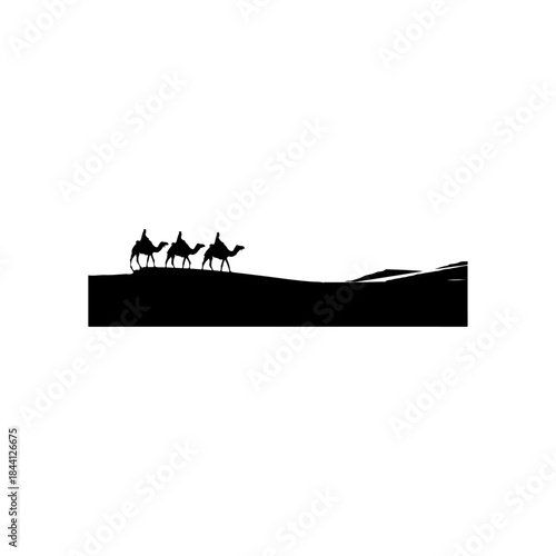 A silhouette of three camels and riders traveling across a desert landscape. isolated on transparent background