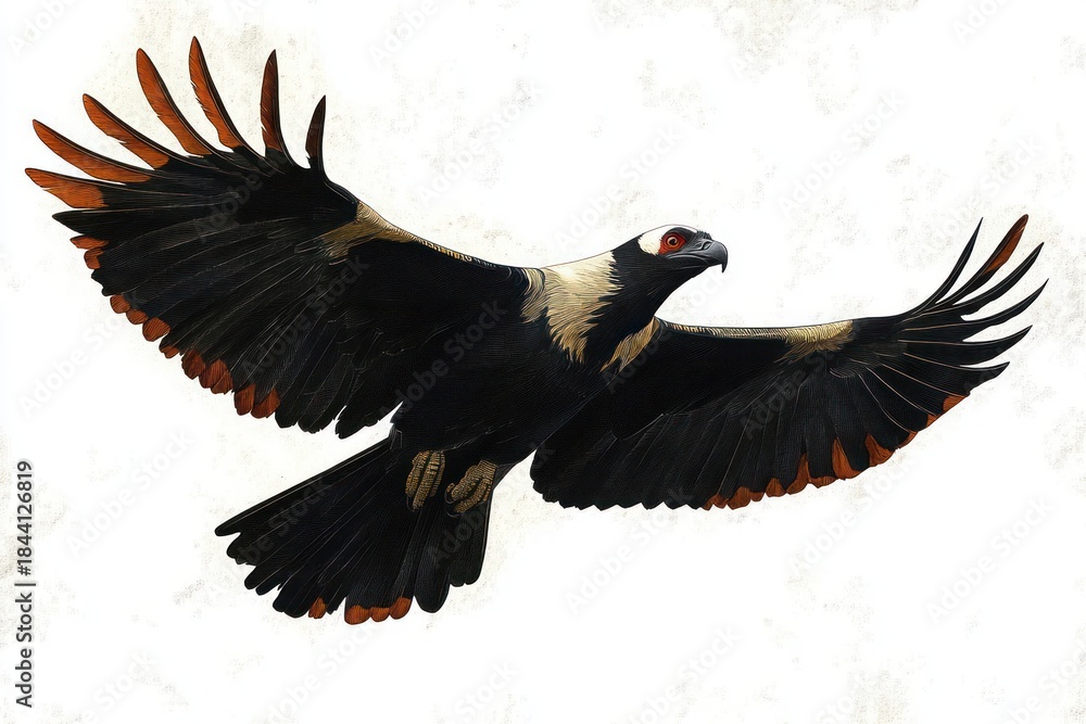 Fototapeta premium majestic black raptor with cream collar and red eye soaring with outstretched wings, red-tipped feathers and tucked talons against a pale textured sky