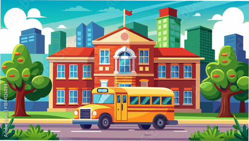 School building, yellow school bus, urban landscape, educational architecture