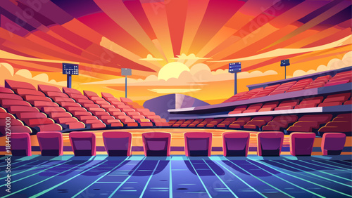 Empty stadium seating sits beneath a blue sky and solar roof architecture, featuring abstract wooden floor details and green sport field accents under a cloudscape with nobody in sight