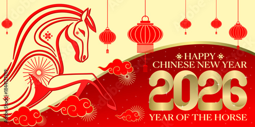 Fire horse illustration for 2026 chinese new year celebration on red background symbolizing strength and prosperity, vector eps