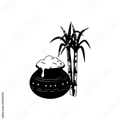 Traditional pongal pot overflowing with milk and sugarcane stalks, celebrating the harvest festival isolated on transparent background