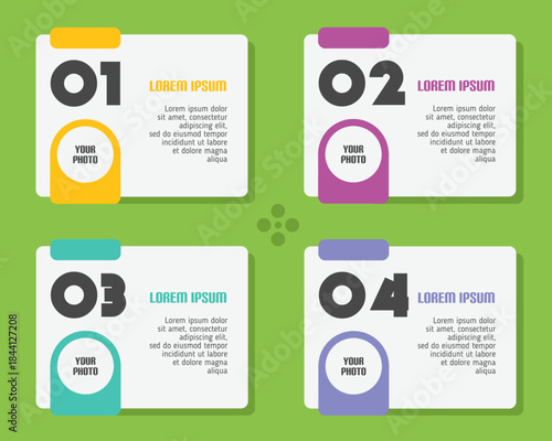 A modern infographic layout with four colorful profile cards, numbered sections, photo placeholders, and clean typography on a green background, ideal for team introductions or step-based presentation