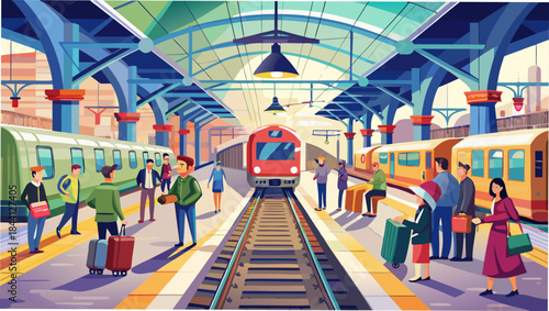 Vibrant Train Station Scene: A bustling train station teems with life, showcasing the comings and goings of diverse individuals amidst trains and architecture.
