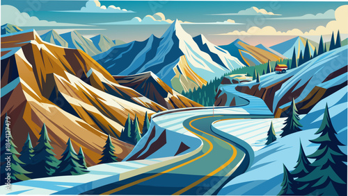 Winding Road Through Snowy Peaks: A vibrant illustration showcasing a serpentine road weaving through a breathtaking alpine landscape, blanketed in snow, and surrounded by majestic mountain peaks.