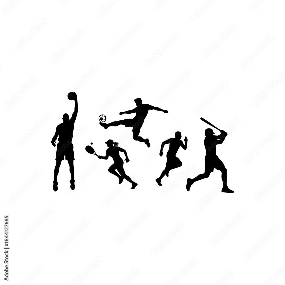 Obraz premium A collection of black silhouettes illustrating various athletes participating in different sports isolated on transparent background
