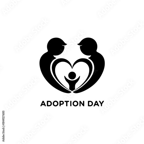 A silhouette symbol of adoption day featuring two parents embracing a child with a heart shape isolated on transparent background