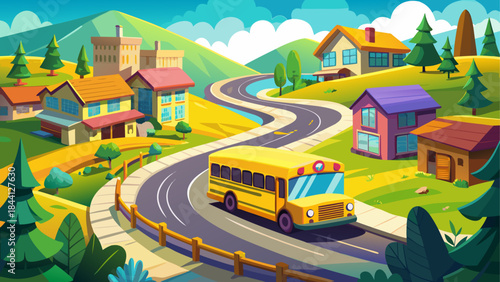 School Bus Ride Through Picturesque Town: A charming scene unfolds as a yellow school bus navigates a winding road, passing colorful houses nestled amidst rolling hills.