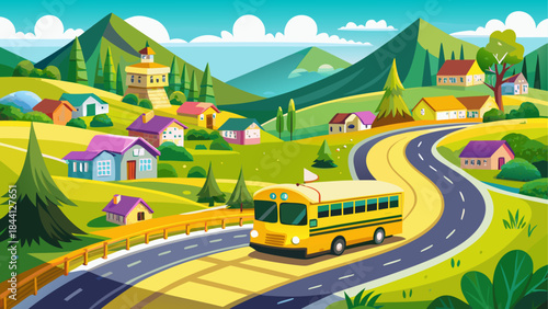Scenic School Bus Journey: A yellow school bus winds its way through a picturesque landscape. The image evokes a sense of travel, childhood, and the journey of learning. 