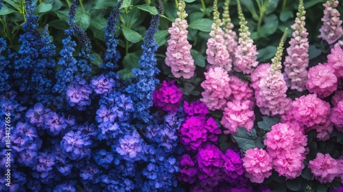 Vibrant blue, purple, and pink delphinium flowers in a garden setting