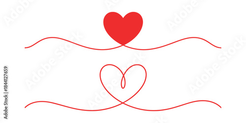 Minimal red heart line art with abstract love symbol and decorative wavy lines on white background