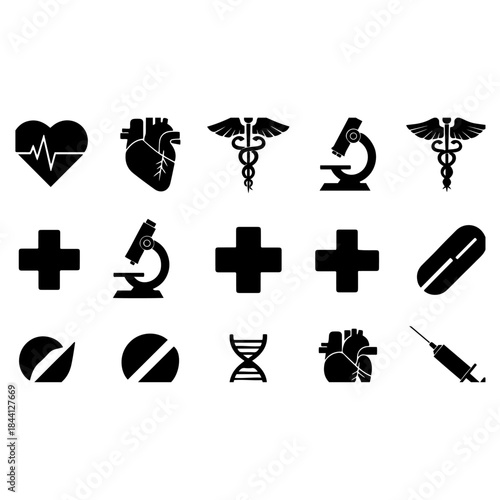 A comprehensive collection of medical and healthcare icons, featuring hearts, microscopes, and other vital symbols isolated on transparent background