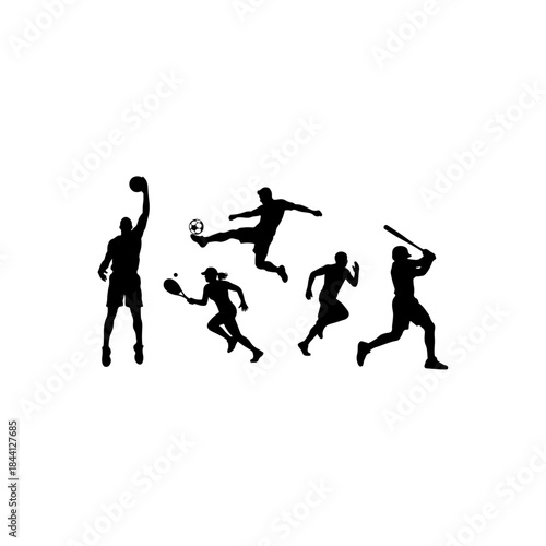 A collection of black silhouettes illustrating various athletes participating in different sports isolated on transparent background
