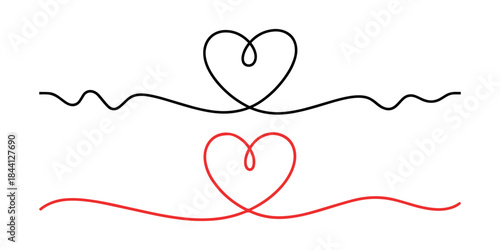 Continuous line heart with flowing wave pulse minimalist love symbol in black and red vector illustration