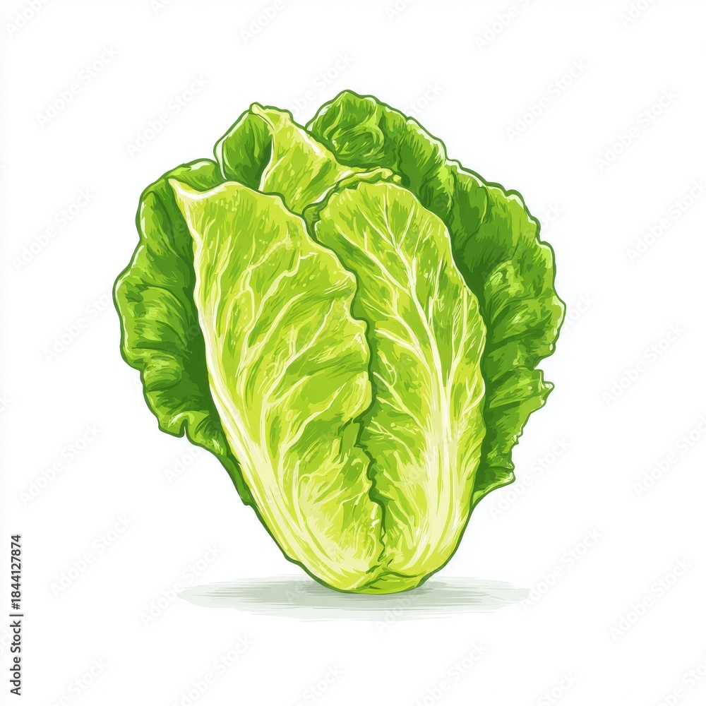 Fototapeta premium Pixel Art Romaine Lettuce Head Isolated On White Background Vibrant Green Fresh Healthy Food