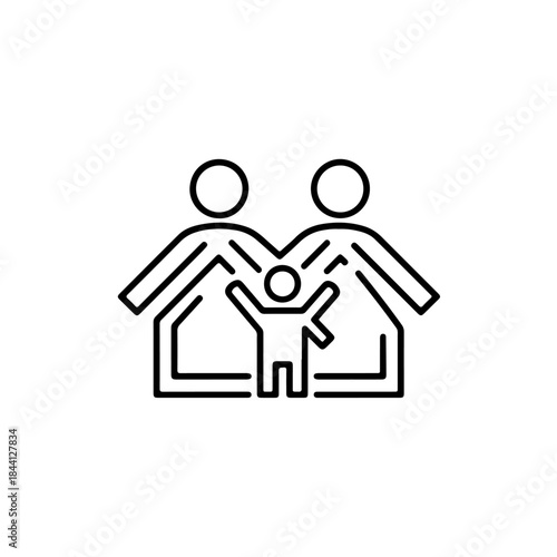 Simple line art icon of a family with two parents and a child, representing home and safety isolated on transparent background