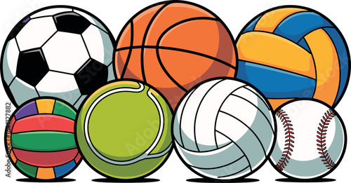 Sports ball illustration set featuring soccer, basketball, volleyball, tennis, baseball, and colorful game balls in clean vector style