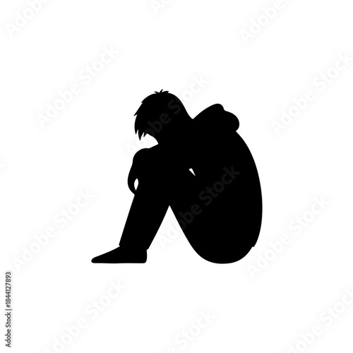 A silhouette of a person sitting in despair, curled up in a state of sadness isolated on transparent background
